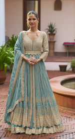Thumbnail for Anaita Blue Chinon Silk Stitched Anarkali Suit With Embroidered & Sequined Work - Distacart