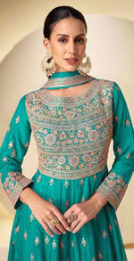 Thumbnail for Anaita Turquoise Chinon Stitched Anarkali Suit With Codding Dori & Sequence Work - Distacart