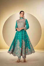 Thumbnail for Anaita Turquoise Chinon Stitched Anarkali Suit With Codding Dori & Sequence Work - Distacart