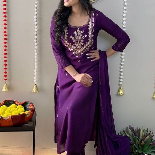 Kalini Ethnic Motifs Embroidered Thread Work Detail Straight Kurta & Trousers With Dupatta - Distacart