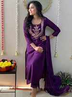 Thumbnail for Kalini Ethnic Motifs Embroidered Thread Work Detail Straight Kurta & Trousers With Dupatta - Distacart