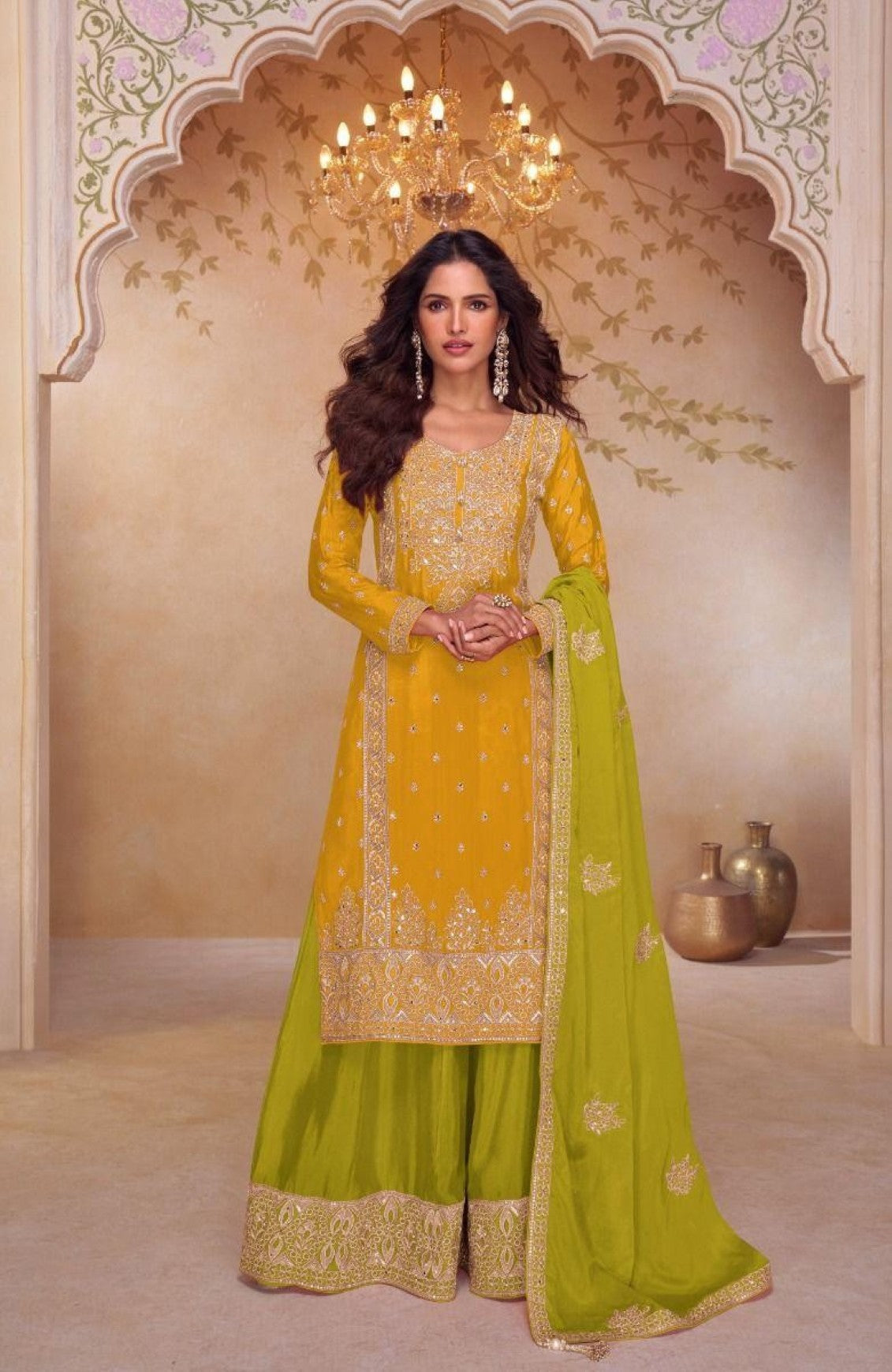 Anaita Yellow Stitched Plazzo Suit with Embroidery & Sequence Work - Distacart