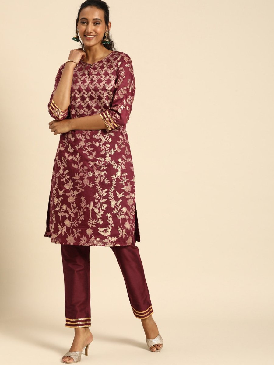 All About You Women Purple & Gold-Toned Ethnic Motifs Printed Regular Kurta with Trousers - Distacart