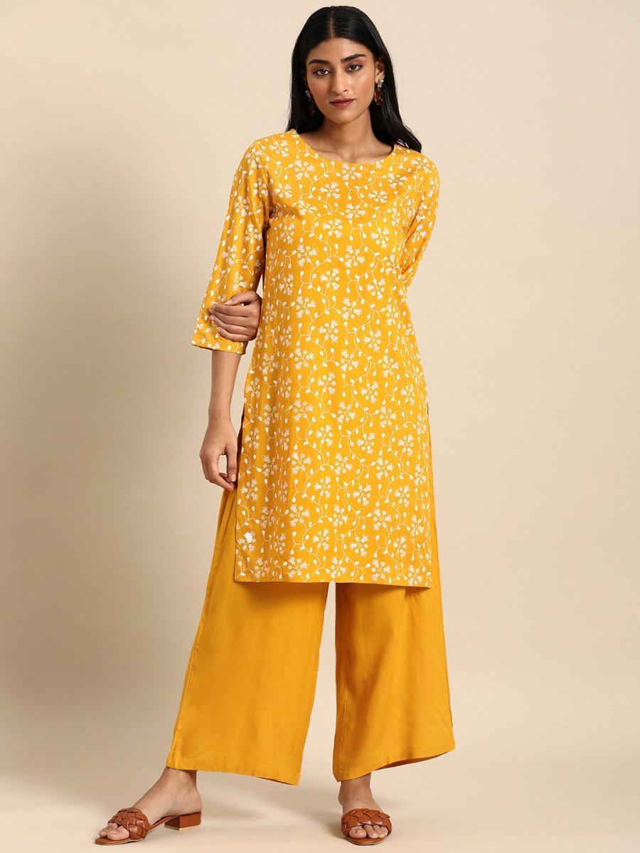 All About You Women Yellow Floral Printed Pure Cotton Kurta with Palazzos - Distacart