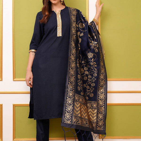 Vishudh Navy Blue & Gold Toned Round Neck Regular Kurta with Trousers & With Dupatta - Distacart