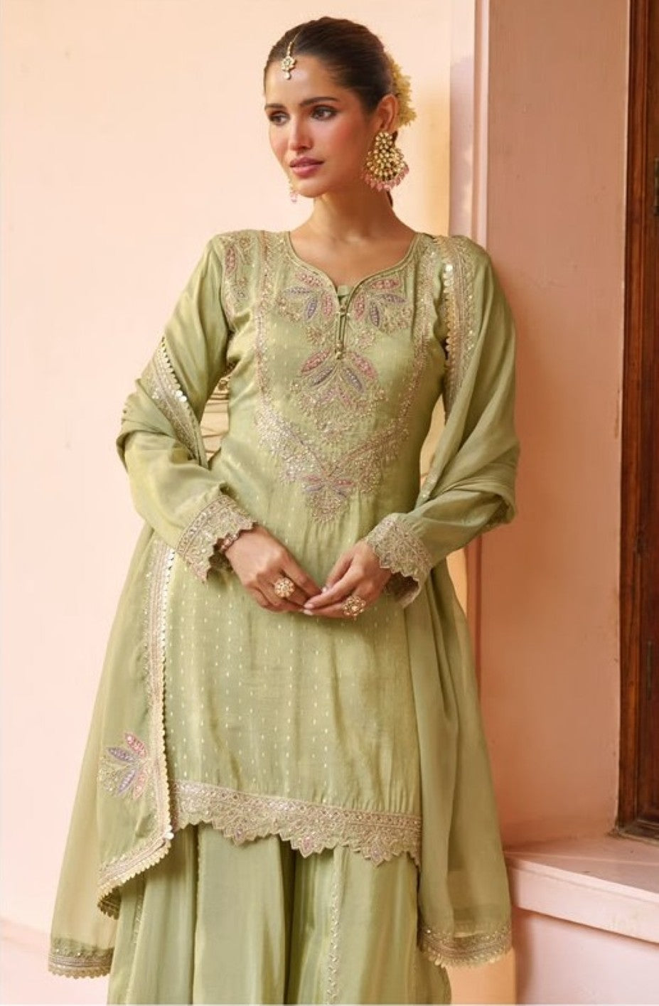 Anaita L Green Chinon Readymade Suit With Embroidery Work