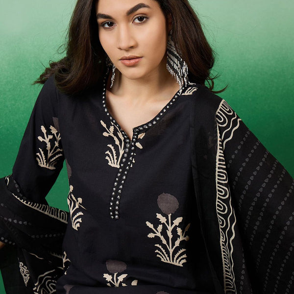 Sangria Notch Neck Printed Pure Cotton Kurta With Trousers & Dupatta - Distacart