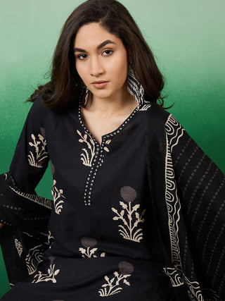 Sangria Notch Neck Printed Pure Cotton Kurta With Trousers & Dupatta - Distacart