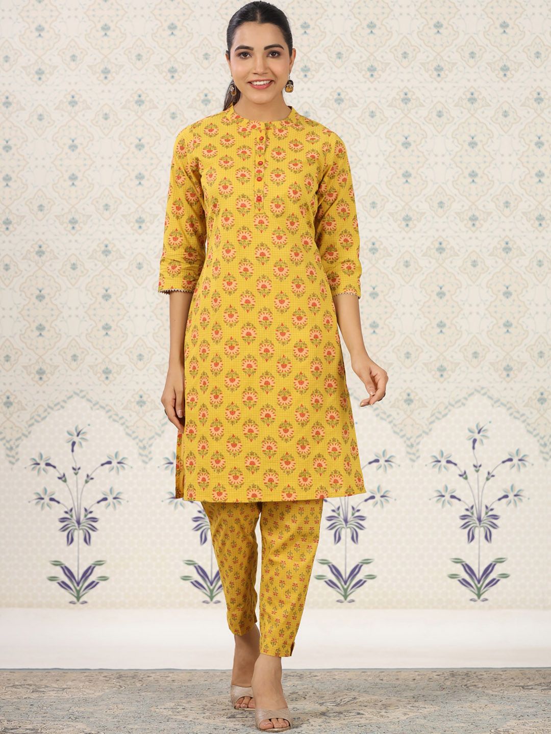 Ode by House of Pataudi Ethnic Motifs Printed Band Collar Pure Cotton Kurta with Trousers - Distacart