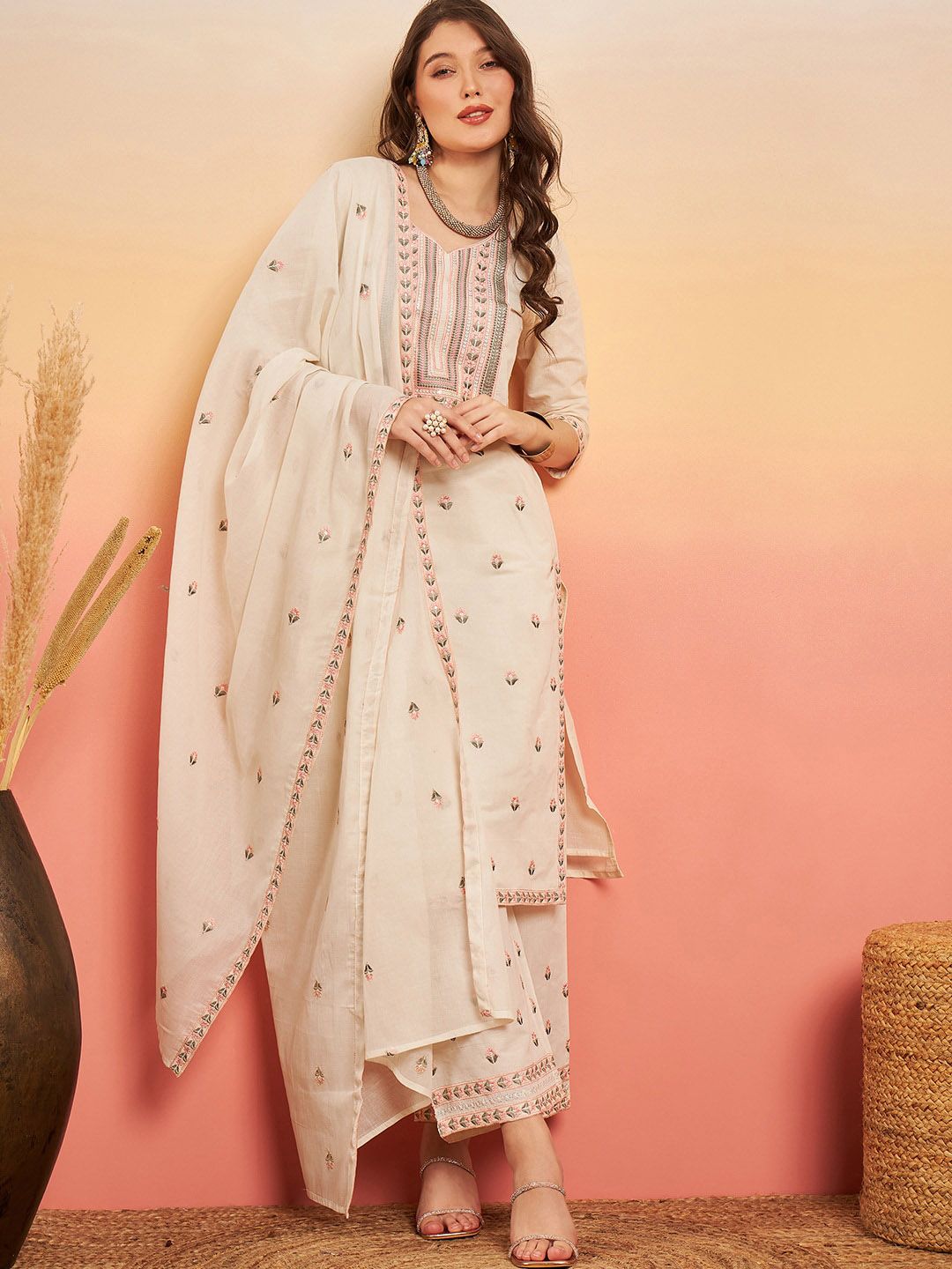 Sangria Embroidered Pure Cotton Regular Kurta & Trousers With Dupatta - Distacart