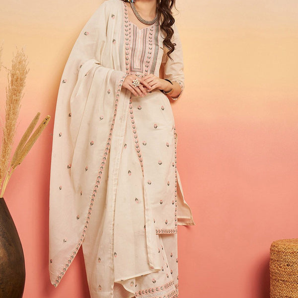Sangria Embroidered Pure Cotton Regular Kurta & Trousers With Dupatta - Distacart