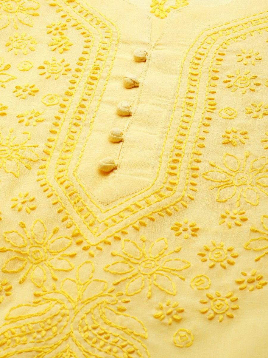 ADA Women Yellow & Black Chikankari Embroidered Handloom Kurta with Cotton Trousers - Distacart