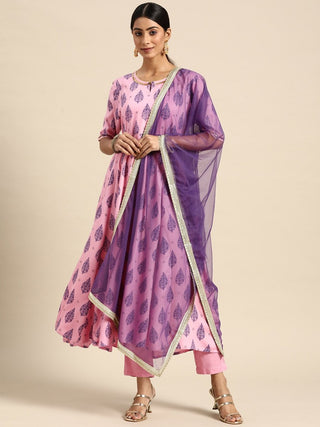 All About You Women Pink Ethnic Motifs Printed Pure Cotton Kurta with Trousers & Dupatta - Distacart