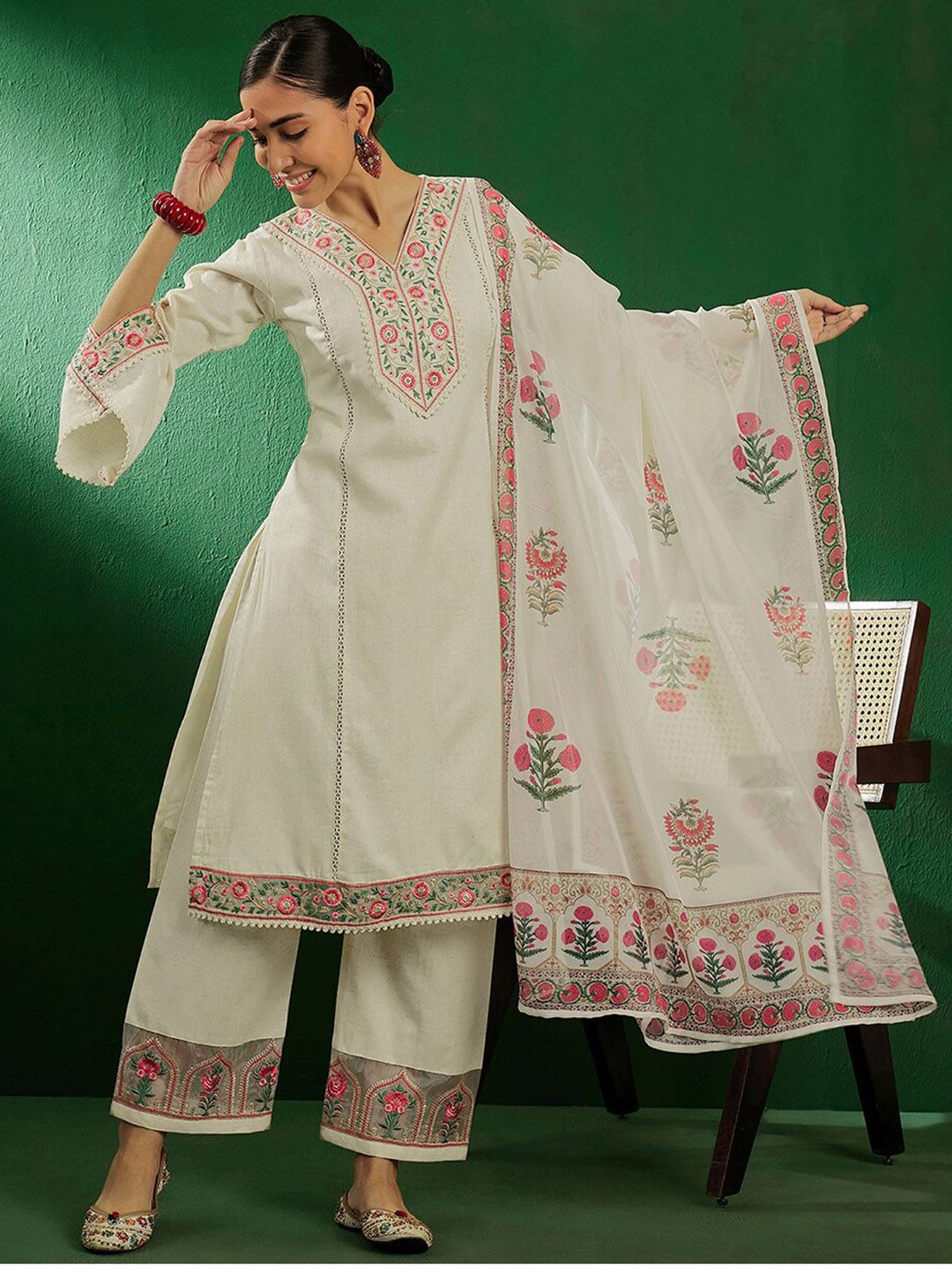 Sangria Off White Floral Embroidered Pure Cotton Kurta With Palazzo & Dupatta