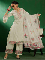 Thumbnail for Sangria Off White Floral Embroidered Pure Cotton Kurta With Palazzo & Dupatta