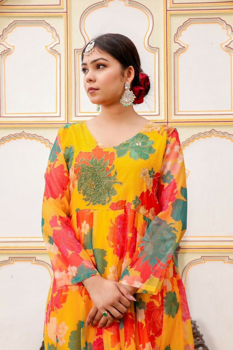 Vaasva Women Mustard Organza Multi Floral Print & Embroidered Anarkali Kurta, Pant & Dupatta set - Distacart