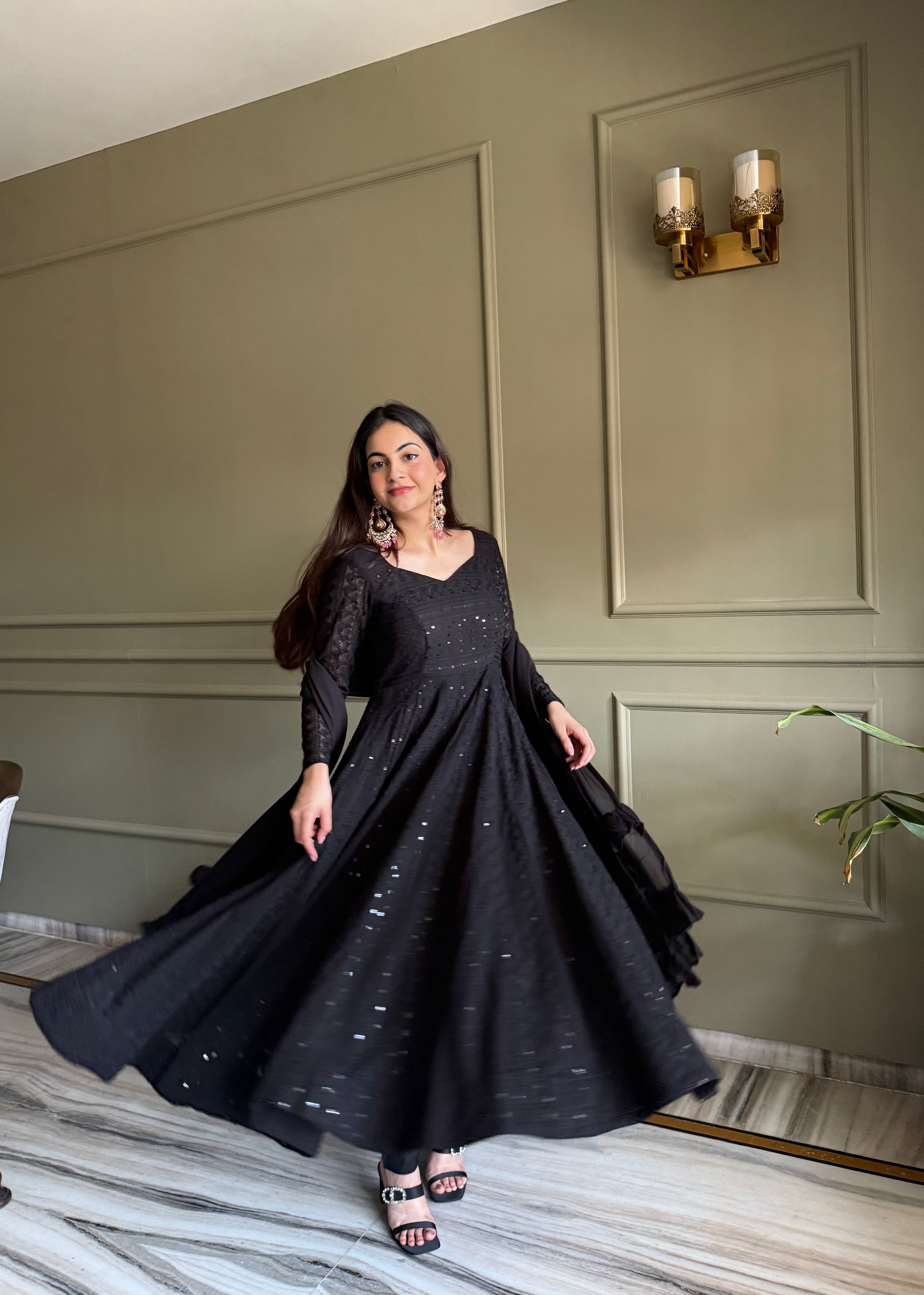 Lorenvalley Fashion Black Faux Georgette Lucknowi Sequence & Thread Work Anarkali Gown Pant with Dupatta - Dista