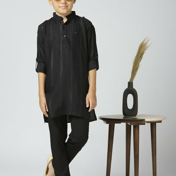Joban Fashion Kids Island Full Sleeves Cotton Kurta and Pyjama Set with Strip - Black - Distacart