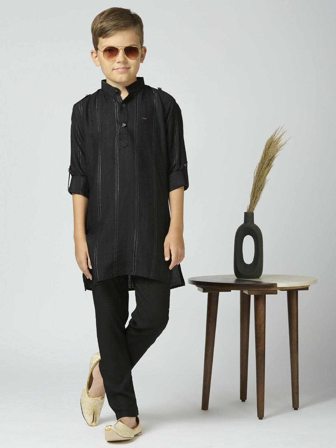 Joban Fashion Kids Island Full Sleeves Cotton Kurta and Pyjama Set with Strip - Black - Distacart