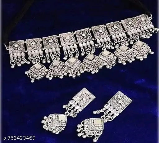 Tehzeeb Creations Women's Silver Colour Oxidised Necklace Set With Mirror Work - Distacart