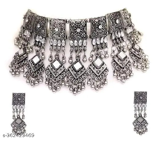 Tehzeeb Creations Women's Silver Colour Oxidised Necklace Set With Mirror Work - Distacart