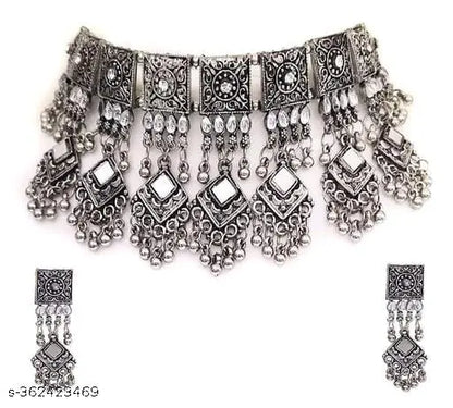 Tehzeeb Creations Women's Silver Colour Oxidised Necklace Set With Mirror Work - Distacart