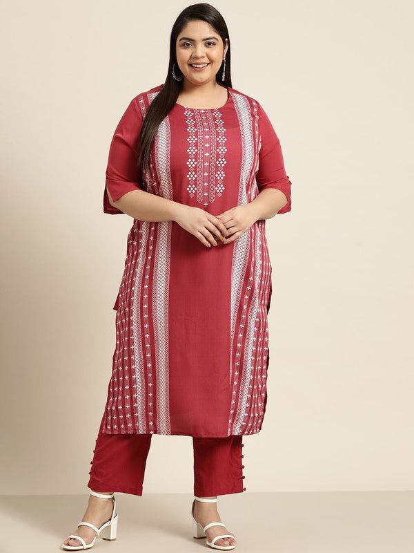 Sztori Plus Size Geometric Printed Round Neck Straight Kurta