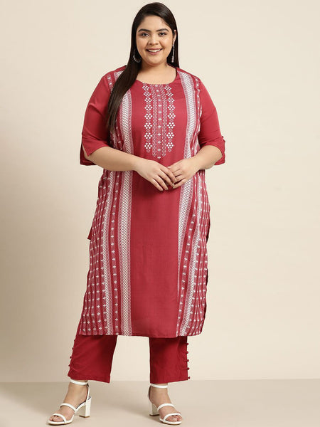 Sztori Plus Size Geometric Printed Round Neck Straight Kurta