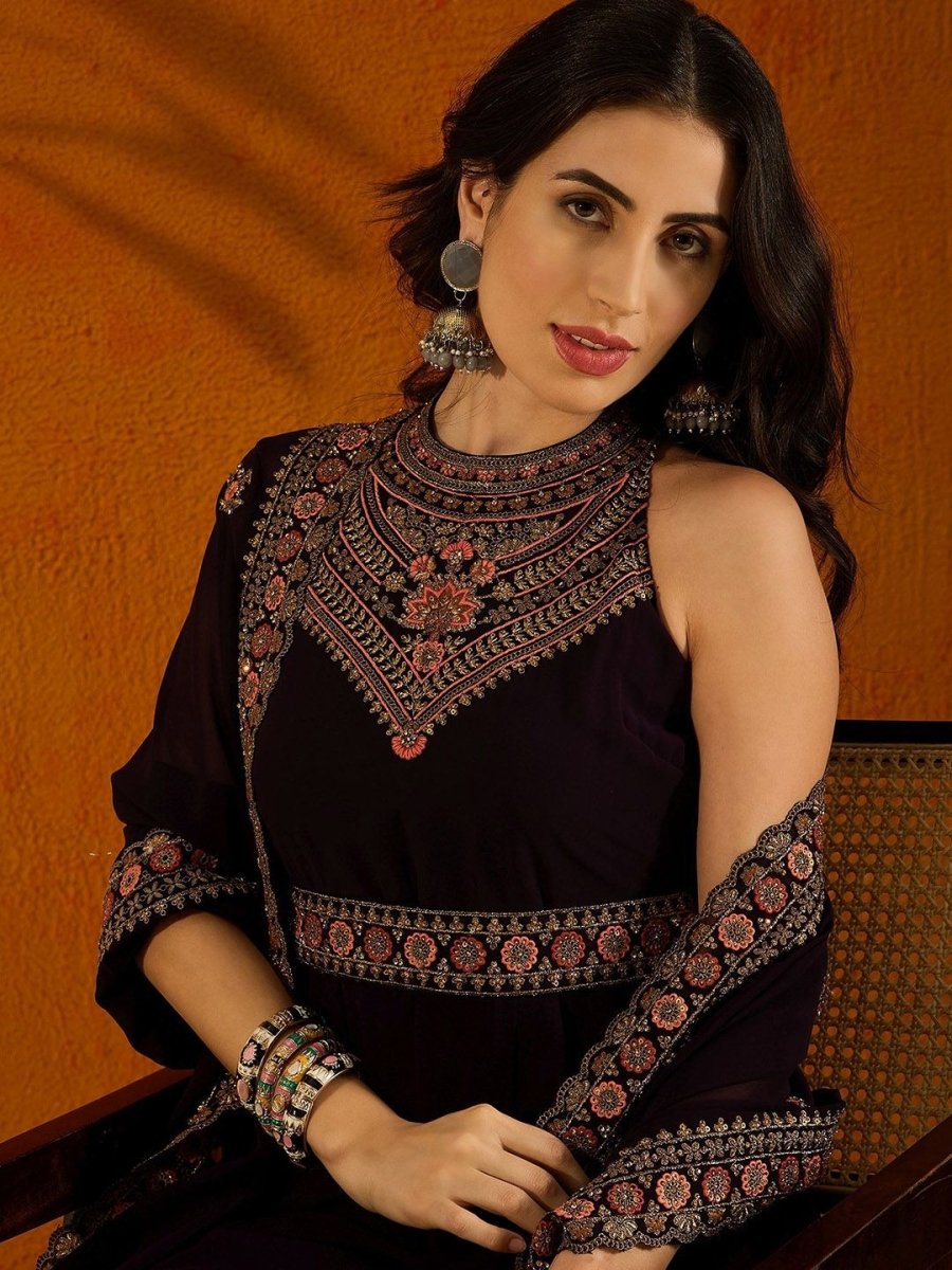 Anouk Violet Embroidered Anarkali Beads And Stones Kurta with Trousers & Dupatta - Distacart