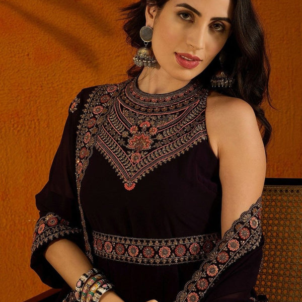 Anouk Violet Embroidered Anarkali Beads And Stones Kurta with Trousers & Dupatta - Distacart
