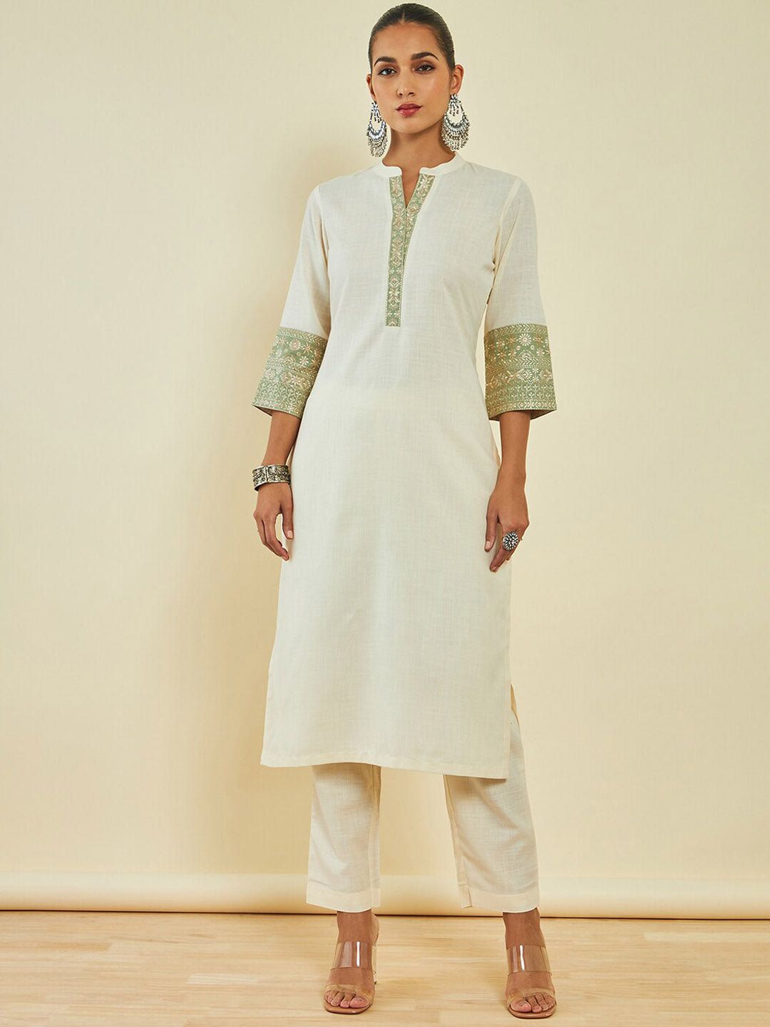 Soch Off White Floral Embroidered Regular Kurta With Trousers - Distacart