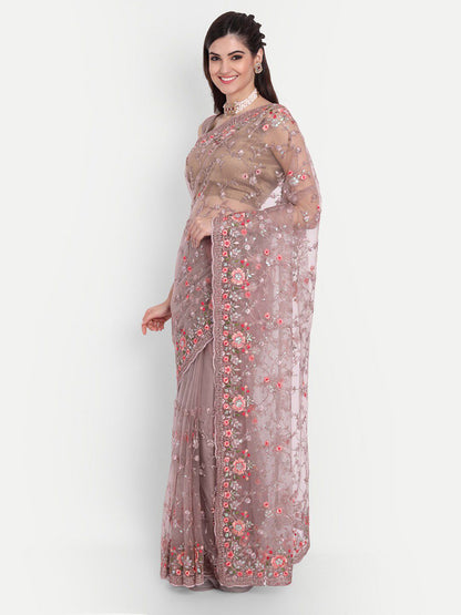 kasee Lavender & Peach-Coloured Floral Embroidered Net Saree - Distacart