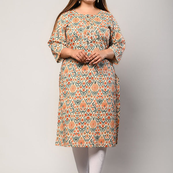 Swasti Women Beige Ethnic Motifs Printed Flared Sleeves Thread Work Floral Kurta - Distacart