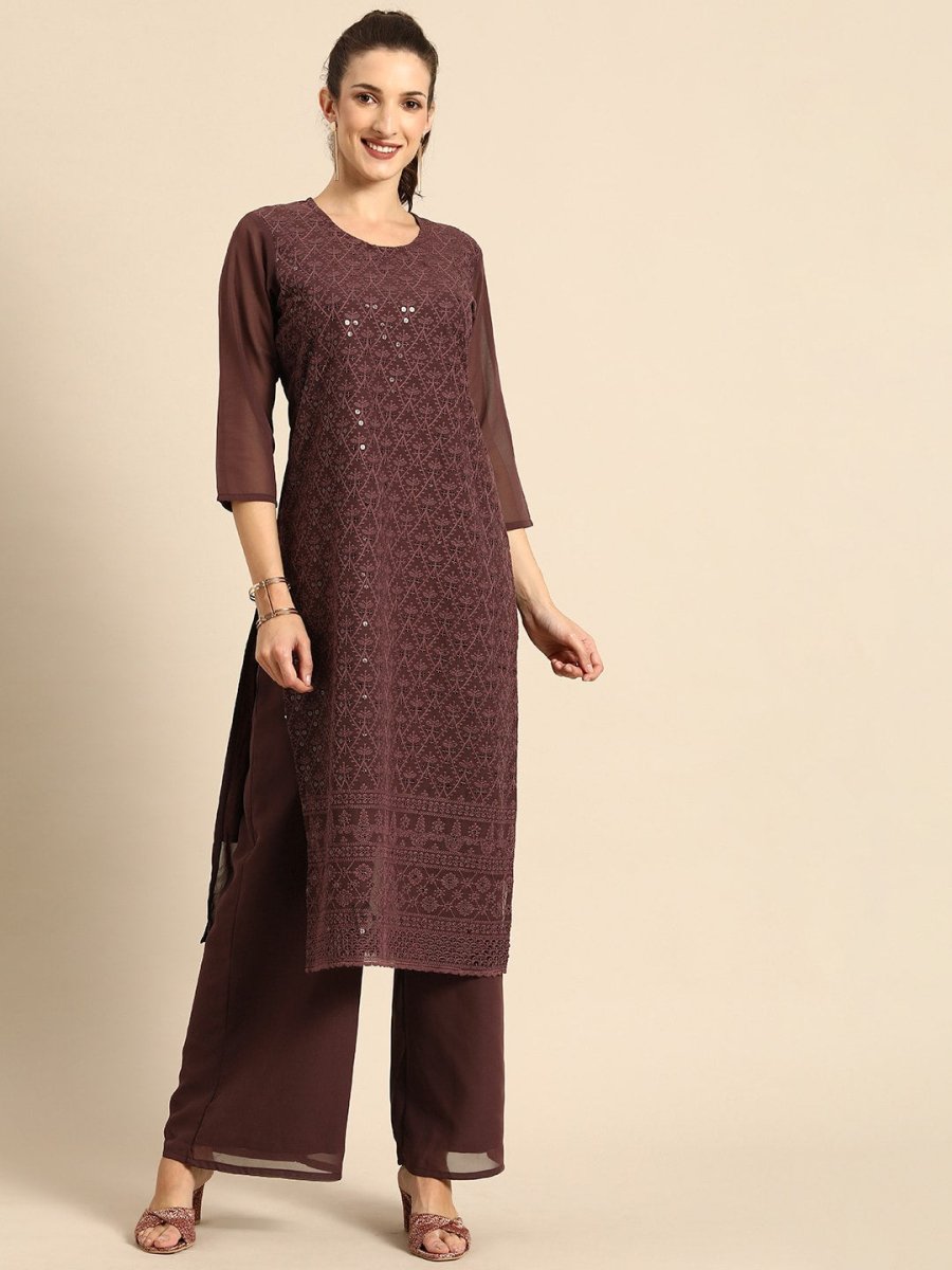 All About You Women Brown Ethnic Motifs Embroidered Regular Chikankari Kurta with Palazzos - Distacart
