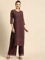 Thumbnail for All About You Women Brown Ethnic Motifs Embroidered Regular Chikankari Kurta with Palazzos - Distacart