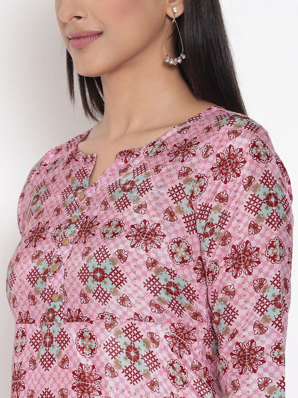 AURELIA Pink Floral Ethnic A-Line Midi Dress