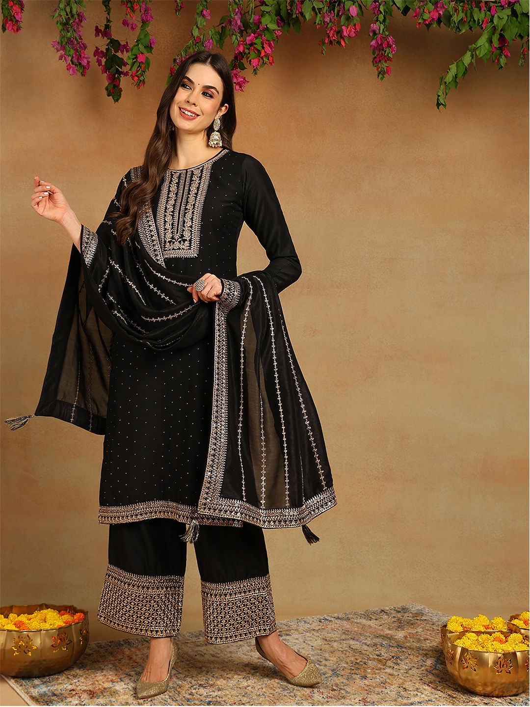 Kalini Ethnic Motifs Embroidered Regular Sequinned Kurta with Palazzos & Dupatta - Distacart