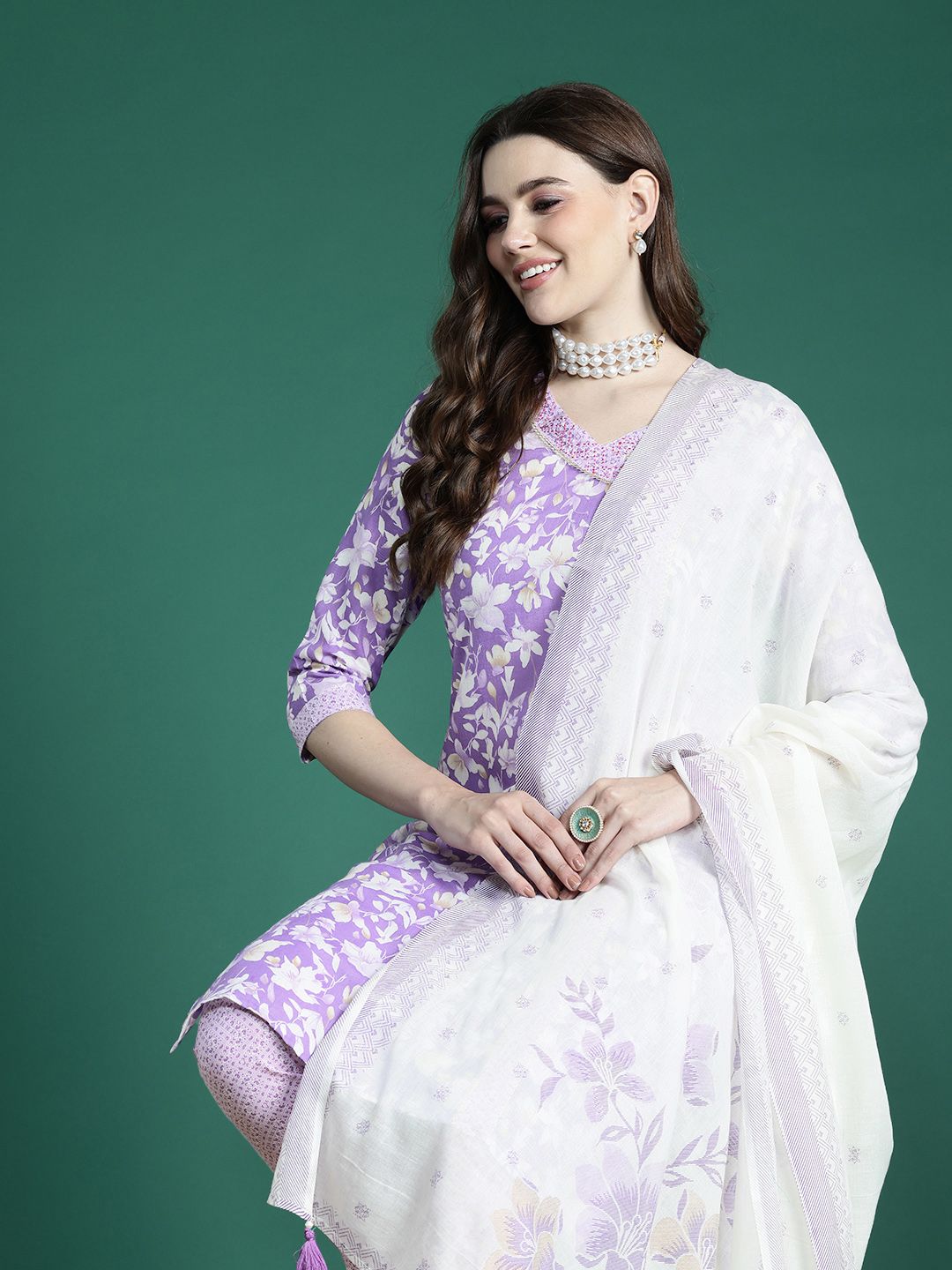 Sangria Floral Printed Angrakha Thread Work Pure Cotton Kurta with Trousers & With Dupatta - Distacart