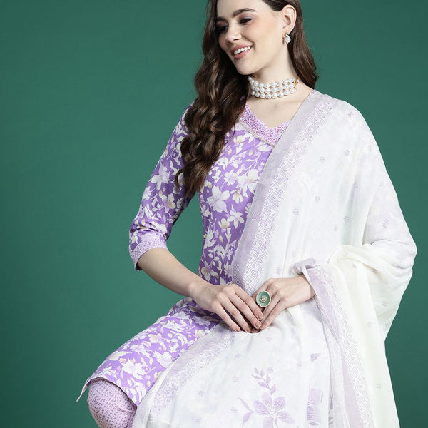 Sangria Floral Printed Angrakha Thread Work Pure Cotton Kurta with Trousers & With Dupatta - Distacart