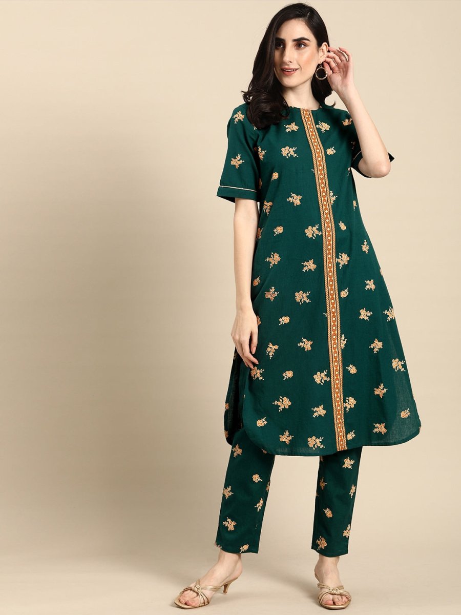All About You Women Green & Brown Floral Printed Regular Pure Cotton Kurta with Trousers - Distacart