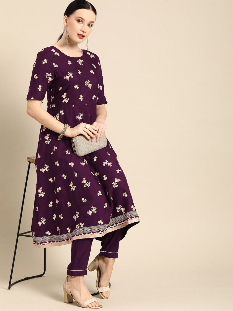 All About You Women Purple Floral Print Regular Kurta with Trousers - Distacart