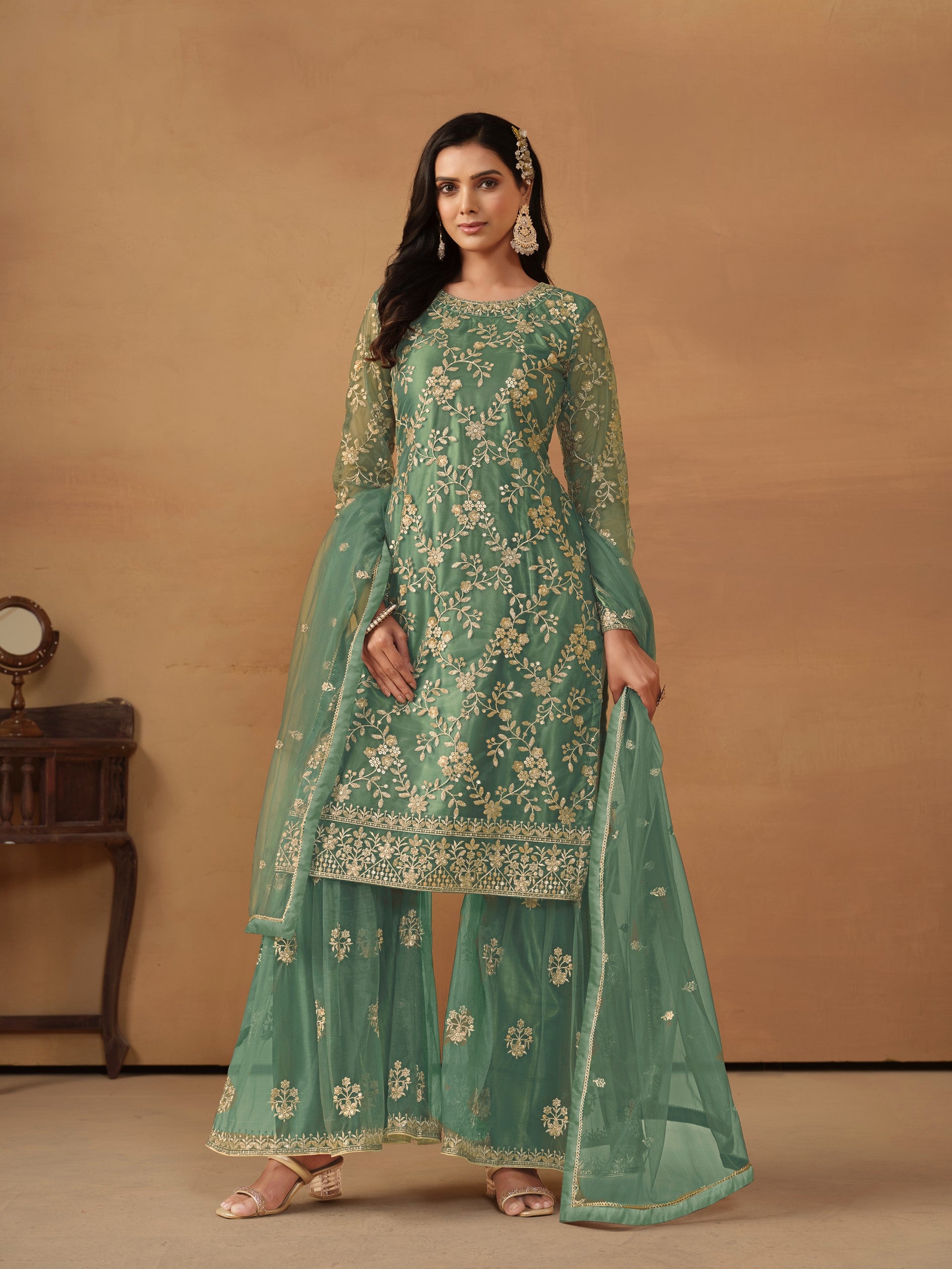 Anaita Green Embroidered Net Salwar Suit - Distacart