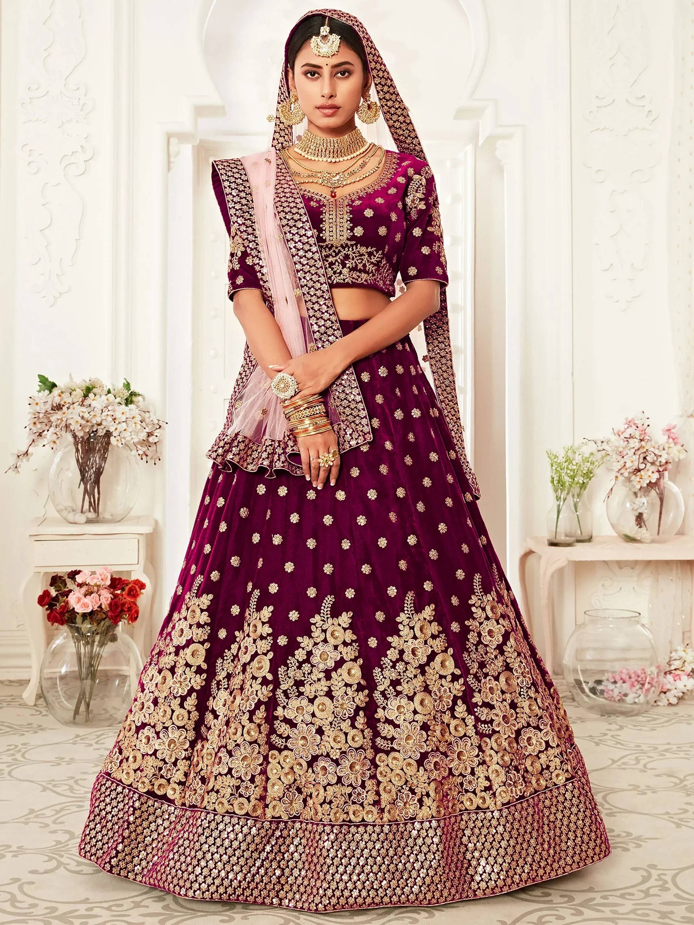Tulsi Art Purple Zari Embroidered Bridal Lehenga Choli - Dista