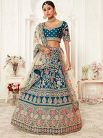 Thumbnail for Tulsi Art Blue Rose Embroidered Silk Bridal Lehenga Choli