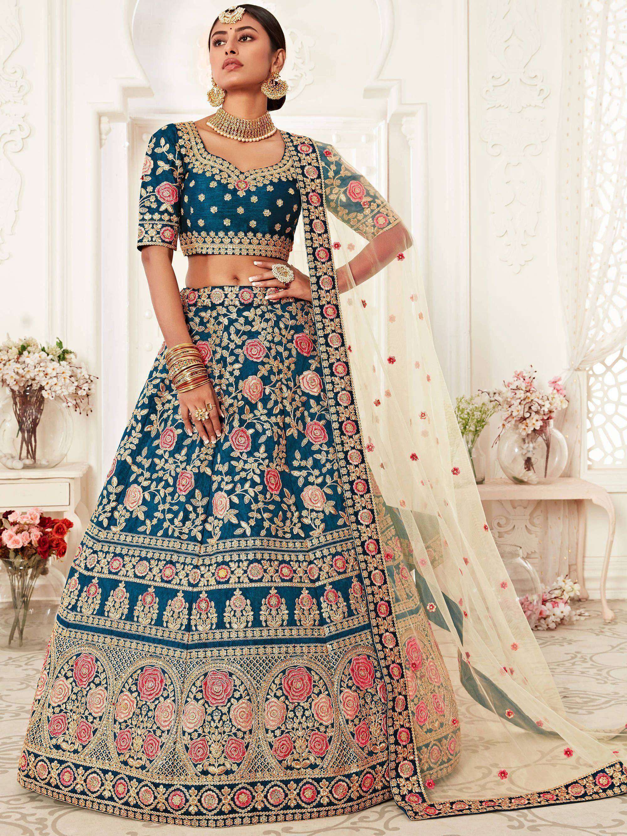 Tulsi Art Blue Rose Embroidered Silk Bridal Lehenga Choli - Dista