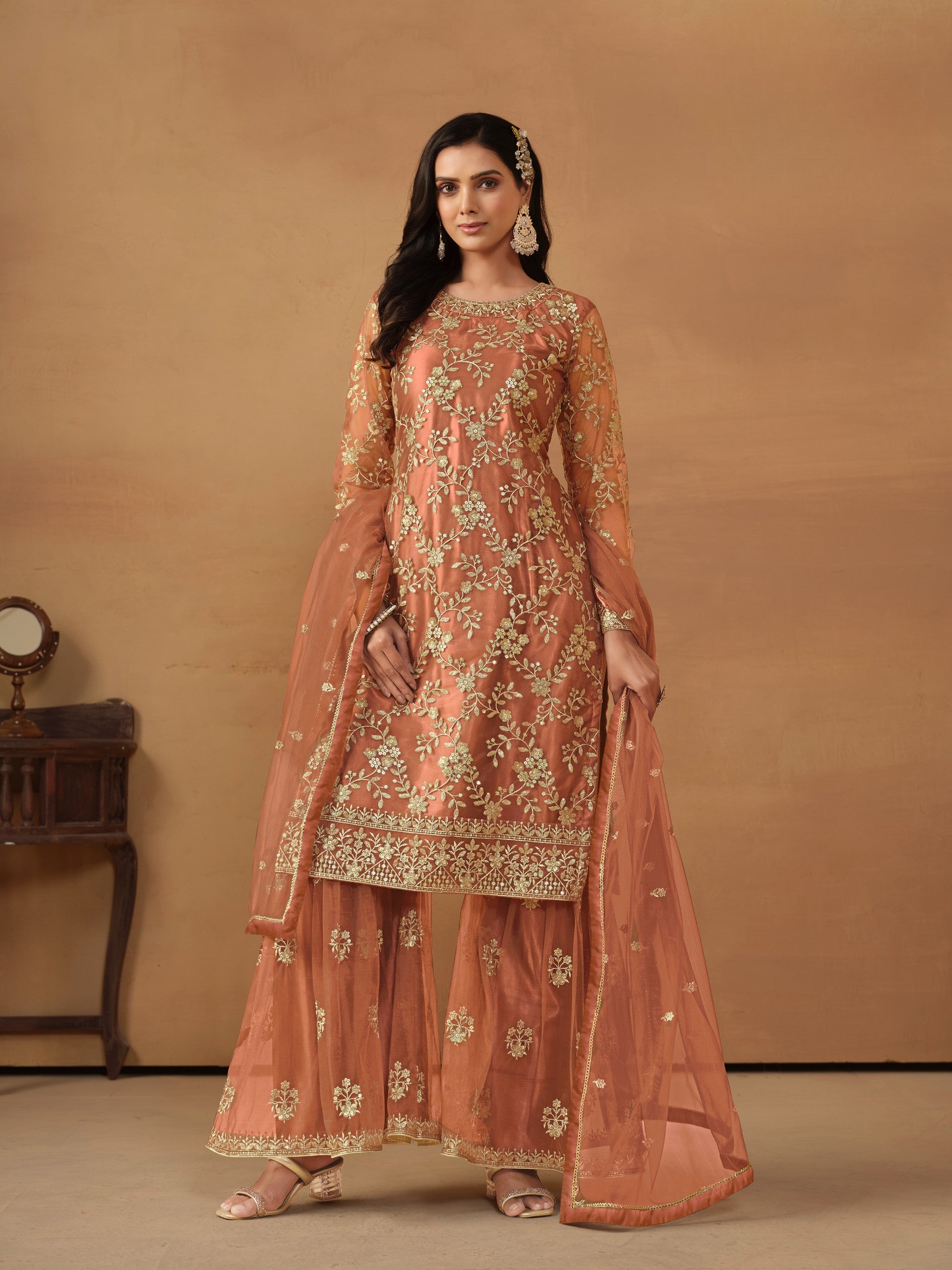Anaita Brown Embroidered Net Salwar Suit - Distacart