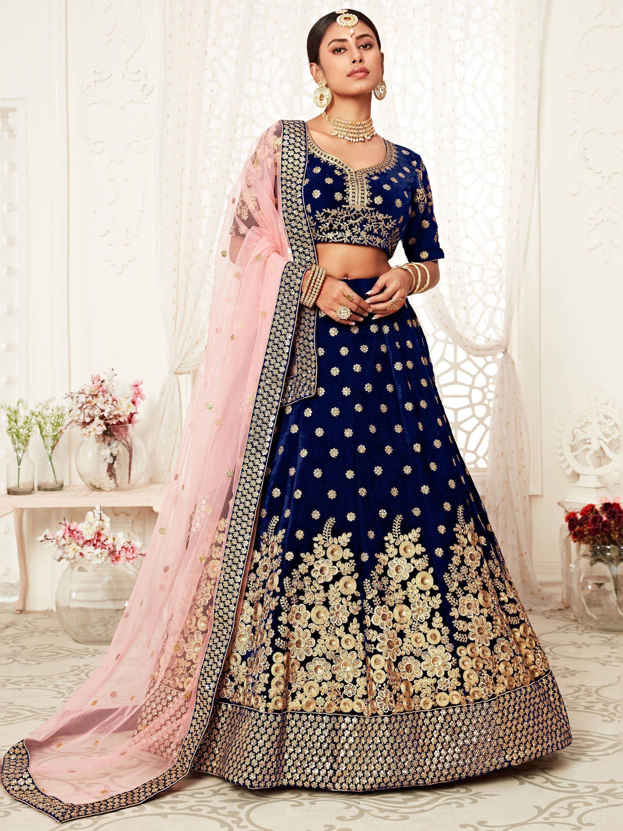Tulsi Art Navy Blue Thread Embroidered Bridal Lehenga Choli - Dista