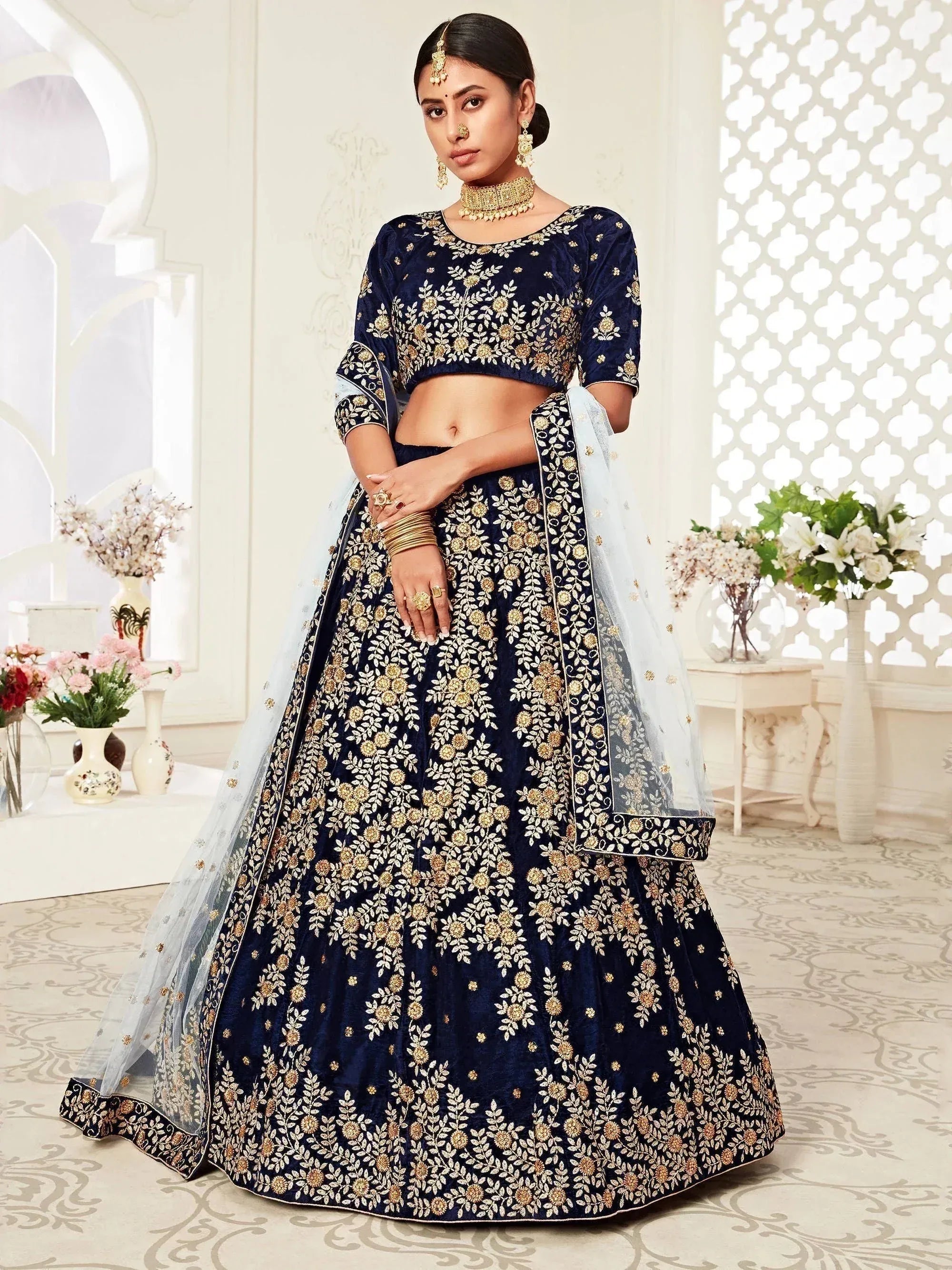 Tulsi Art Navy Blue Embroidered Velvet Wedding Lehenga Choli - Dista