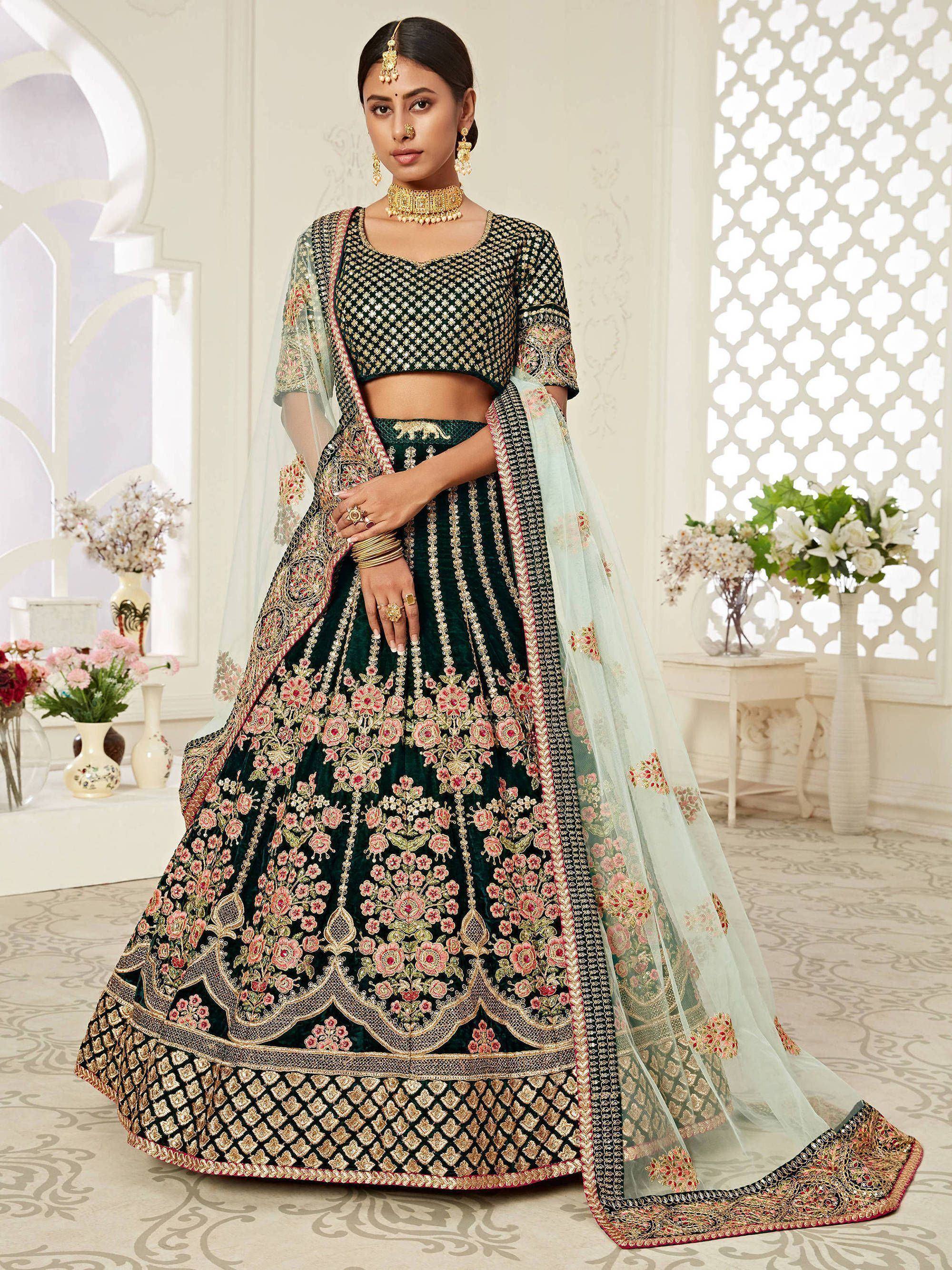 Tulsi Art Green Floral Embroidered Velvet Bridal Lehenga Choli - Dista