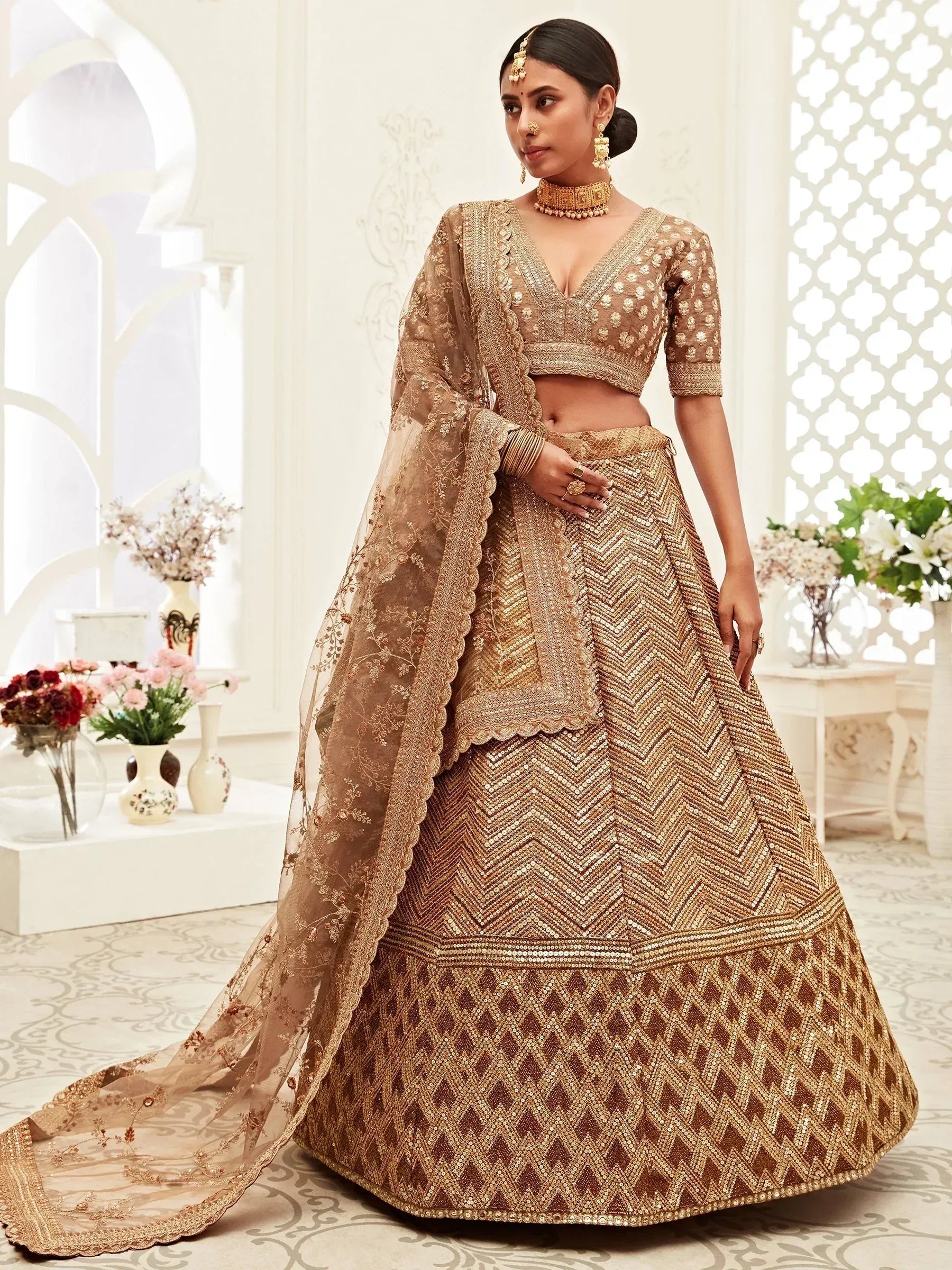 Tulsi Art Brown Sequins Embroidered Slub Silk Bridal Wear Lehenga Choli - Dista